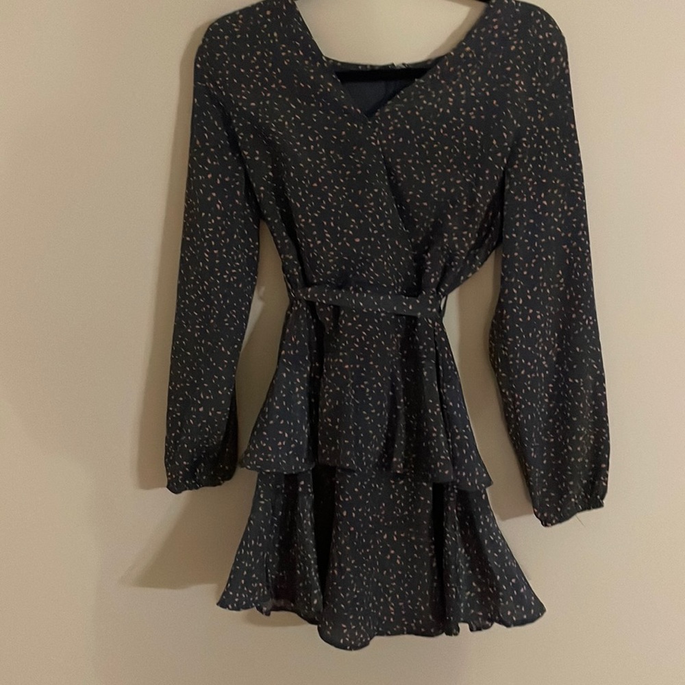 A size small smoky blue dress with pink dots. Bought at a local boutique.
